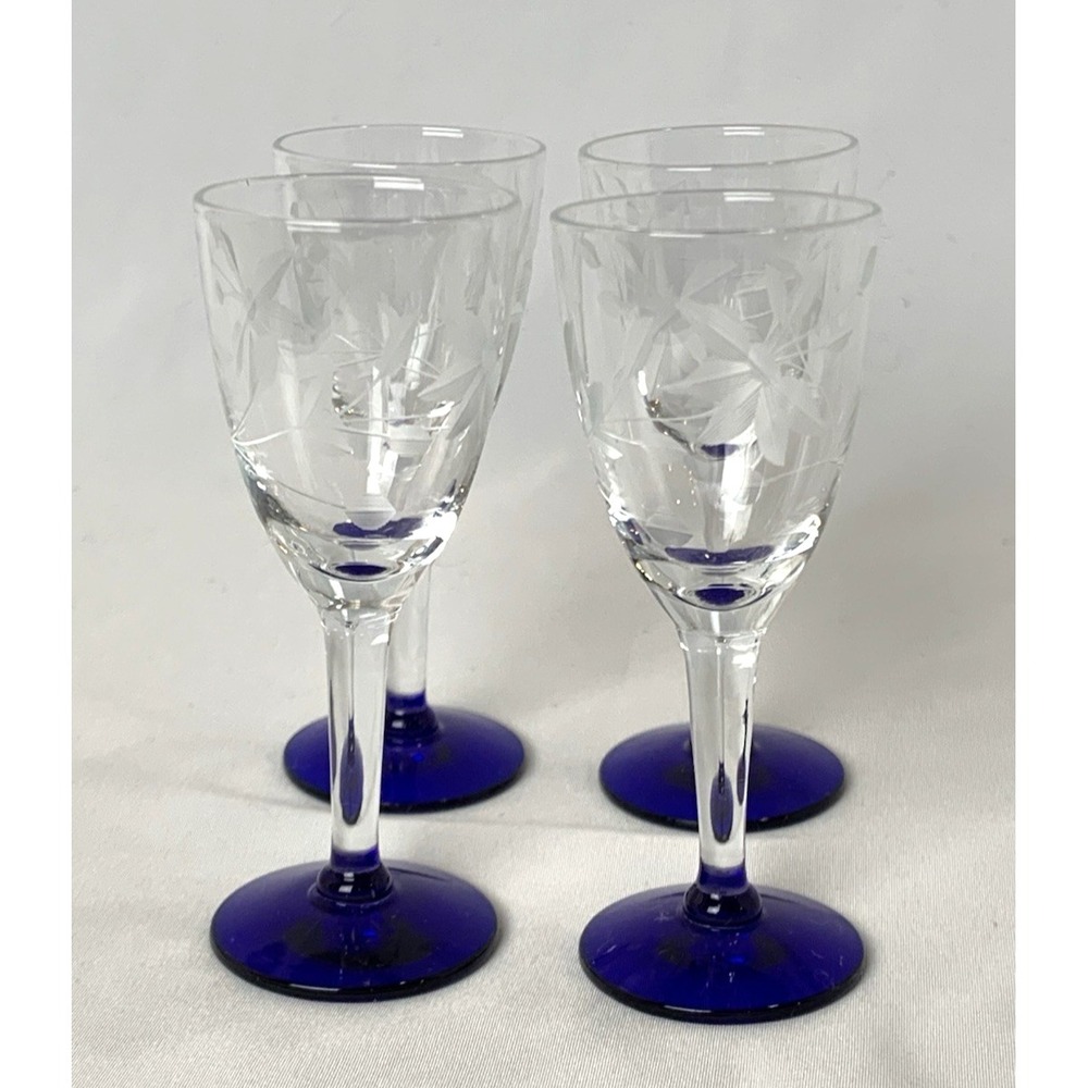 Weston Louie Etched Cordial Glasses Crystal Cobalt Blue‎ Foot Set of 4 Vintage